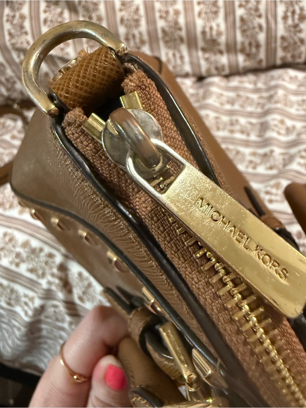 Michael Kors Tan Saffiano Leather Studded Satchel with Detachable Strap - Picture 9 of 10